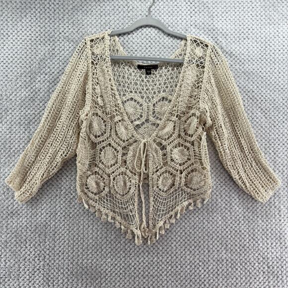 Y2K VTG Fever Cardigan L Beige Crochet V-Neck Tie Front Coquette Boho Festival - Picture 1 of 14
